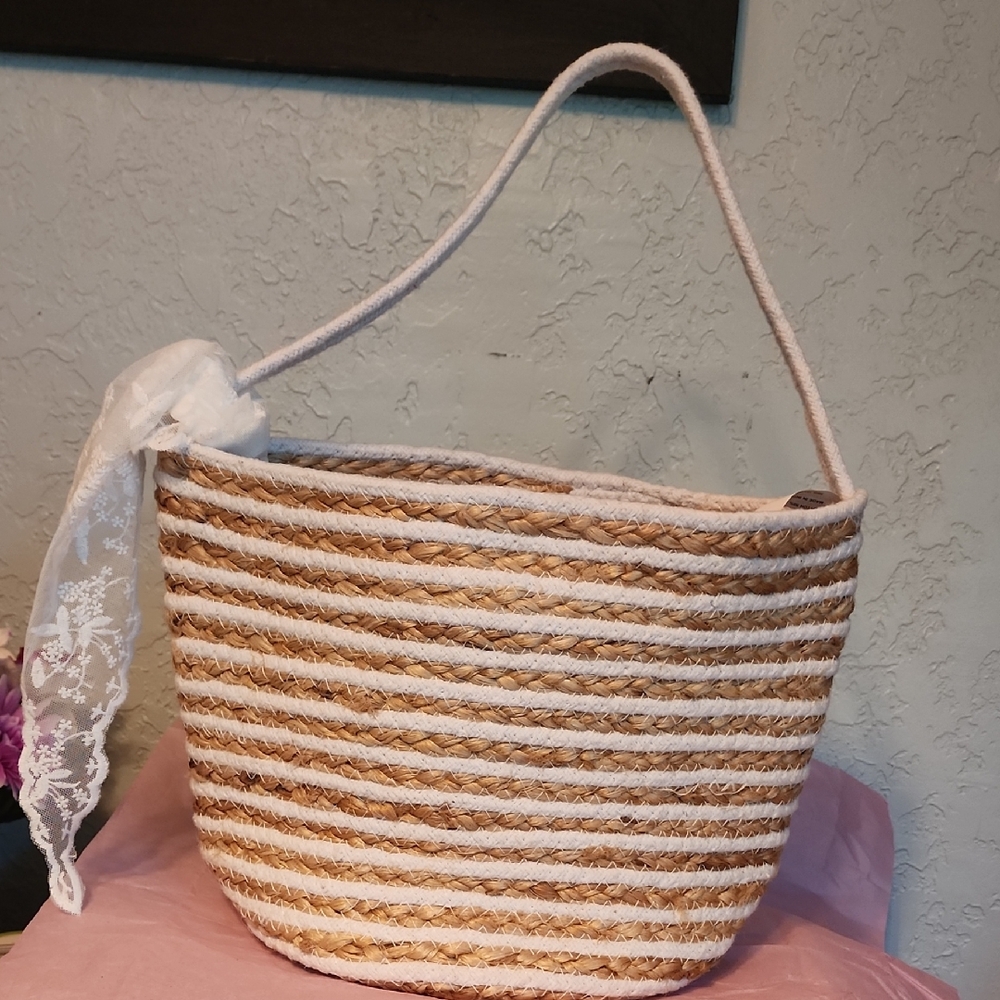 Tan and White Striped Shoulder Bag with Woven Texture